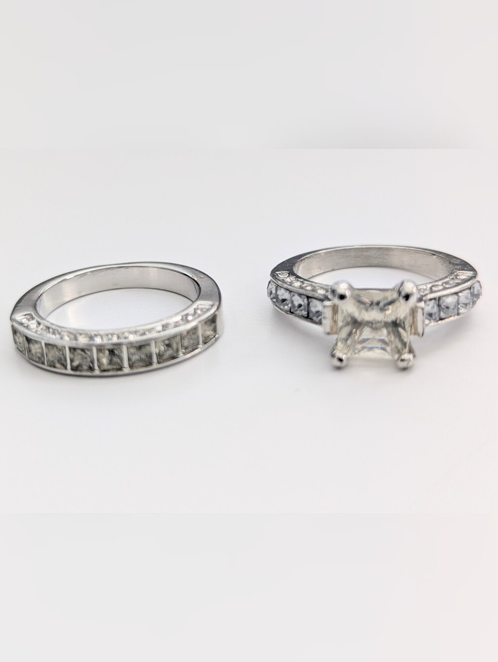 Silver-Tone Costume Jewelry Bridal Ring Set - Engagement Ring & Marriage Band